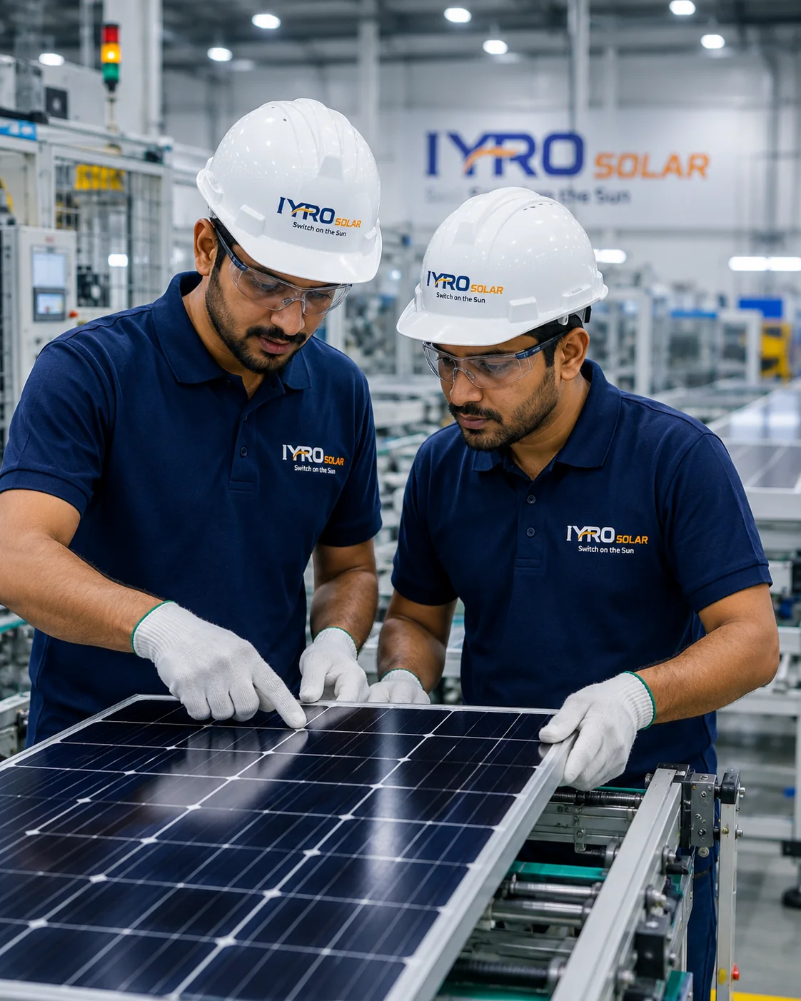 IYRO Solar engineers inspecting a module on the production line