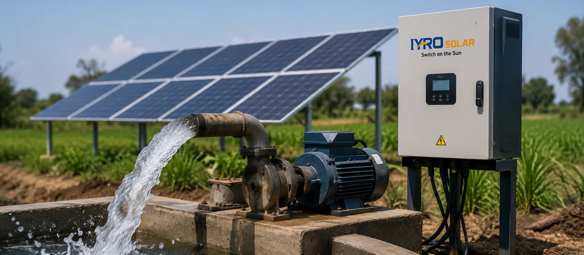 IYRO solar DC pump running in an agricultural field