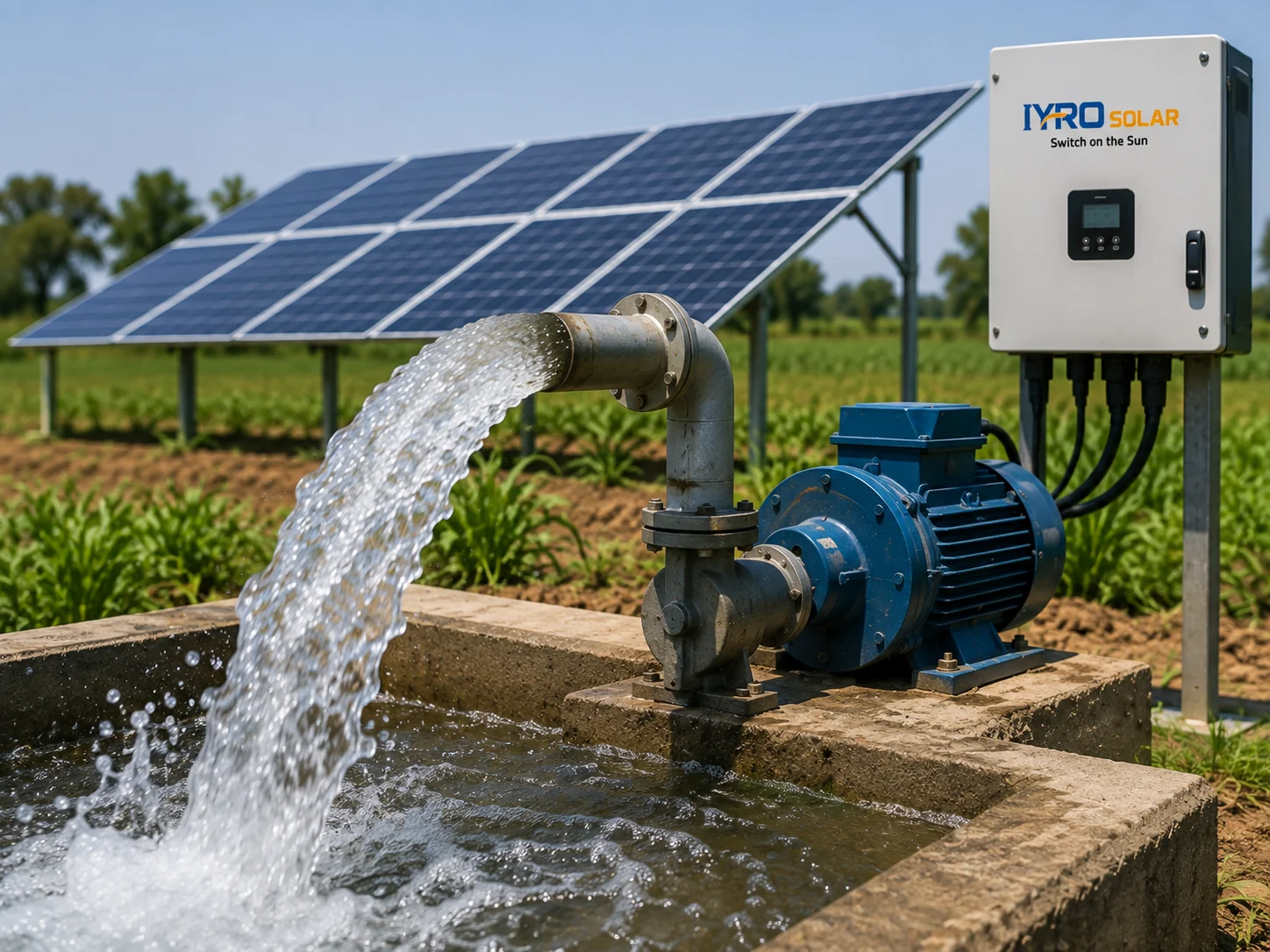 Solar water pump running in an agricultural field
