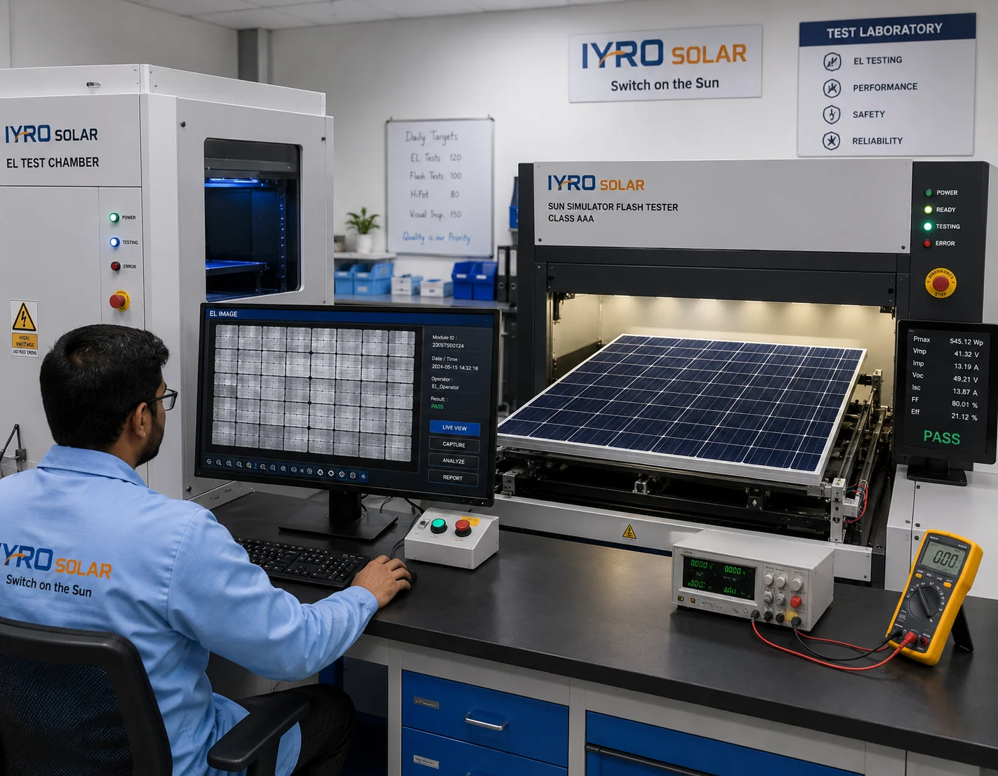 Electroluminescence and flash test equipment in the IYRO Solar laboratory