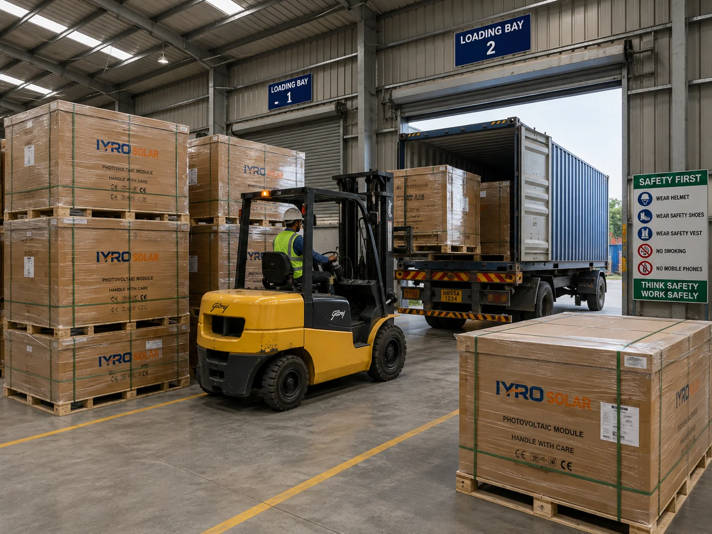 Palletised solar modules being loaded for dealer dispatch